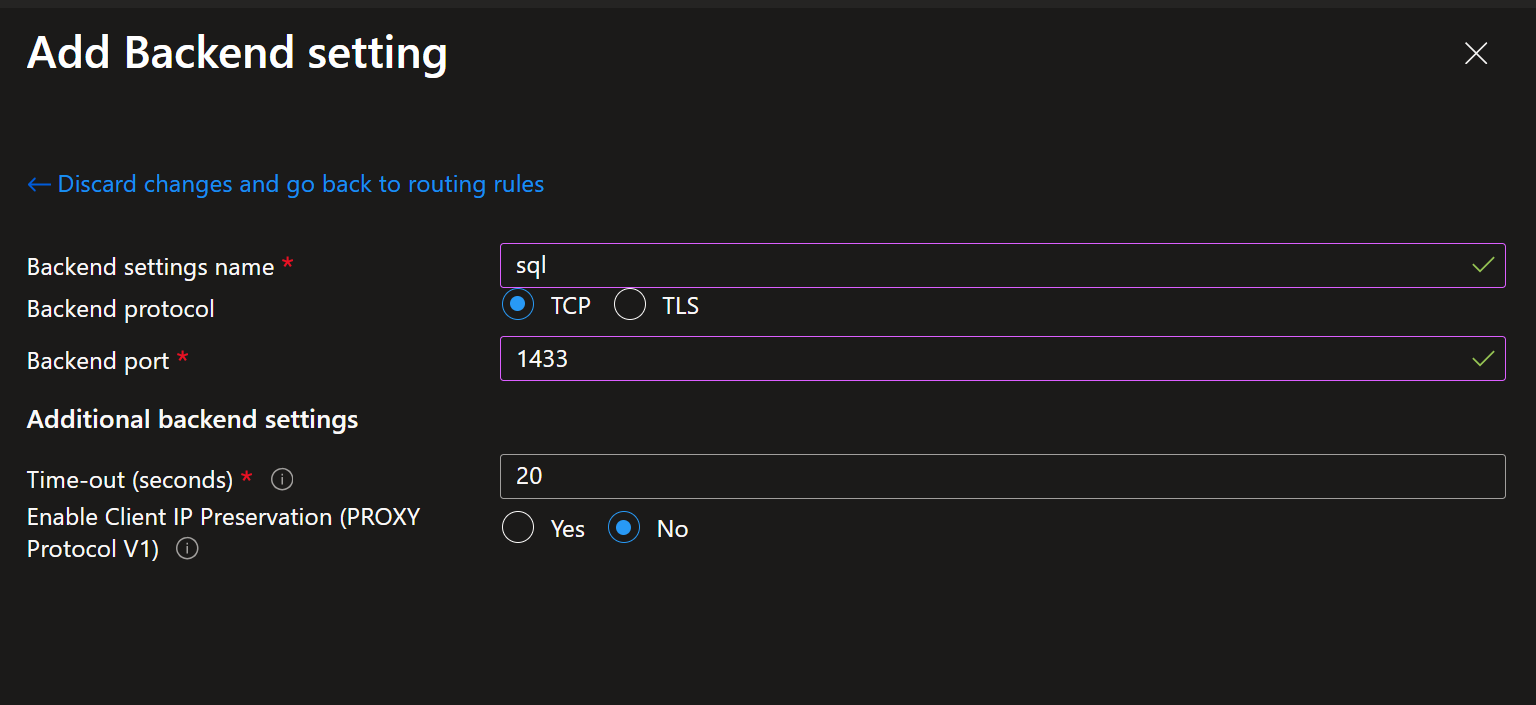 Application Gateway Backend Setting Configuration for TCP SQL Server