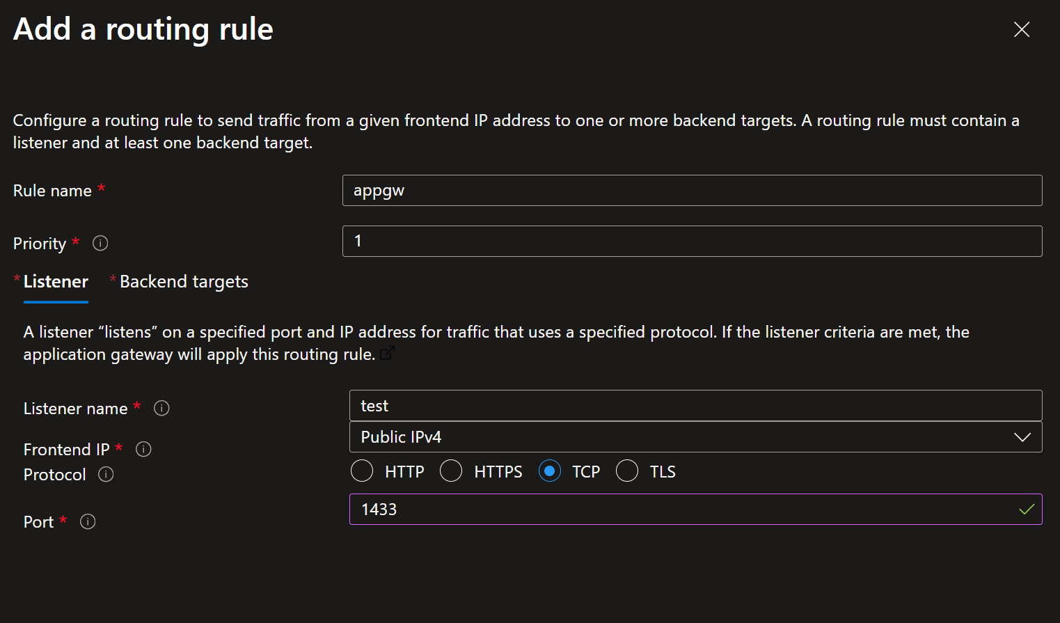 Application Gateway Routing Rule Configuration for TCP Traffic