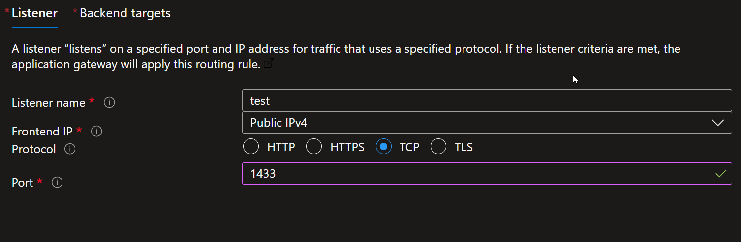 Application Gateway TCP Listener Configuration for SQL Server Port 1433